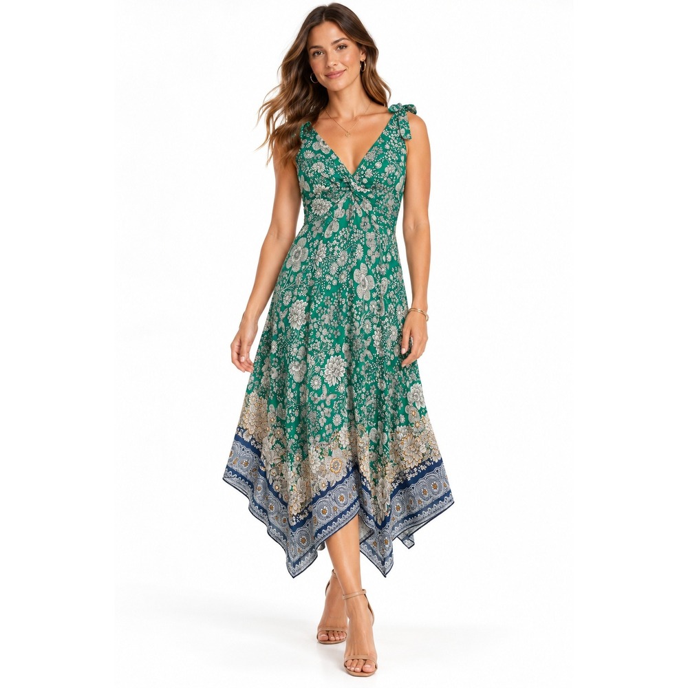Maggy London Twist Front Hanky Hem Midi Dress Green Floral Ivory Size 12 NEW